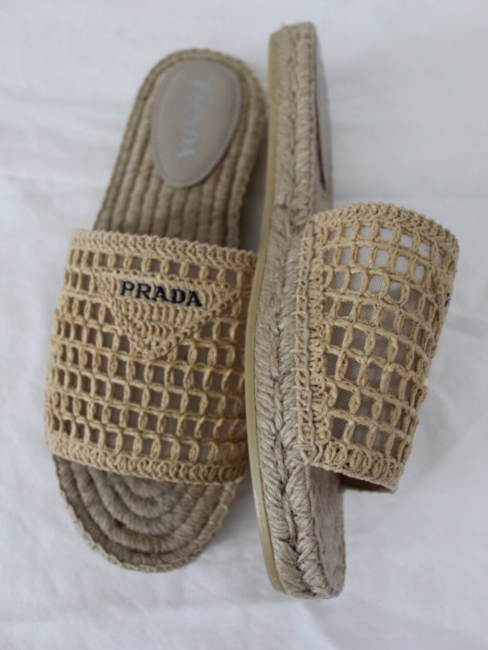 NEW PRADA Raffia Espadrille Flat Crochet Triangle Logo Sandals Slides Natural 41